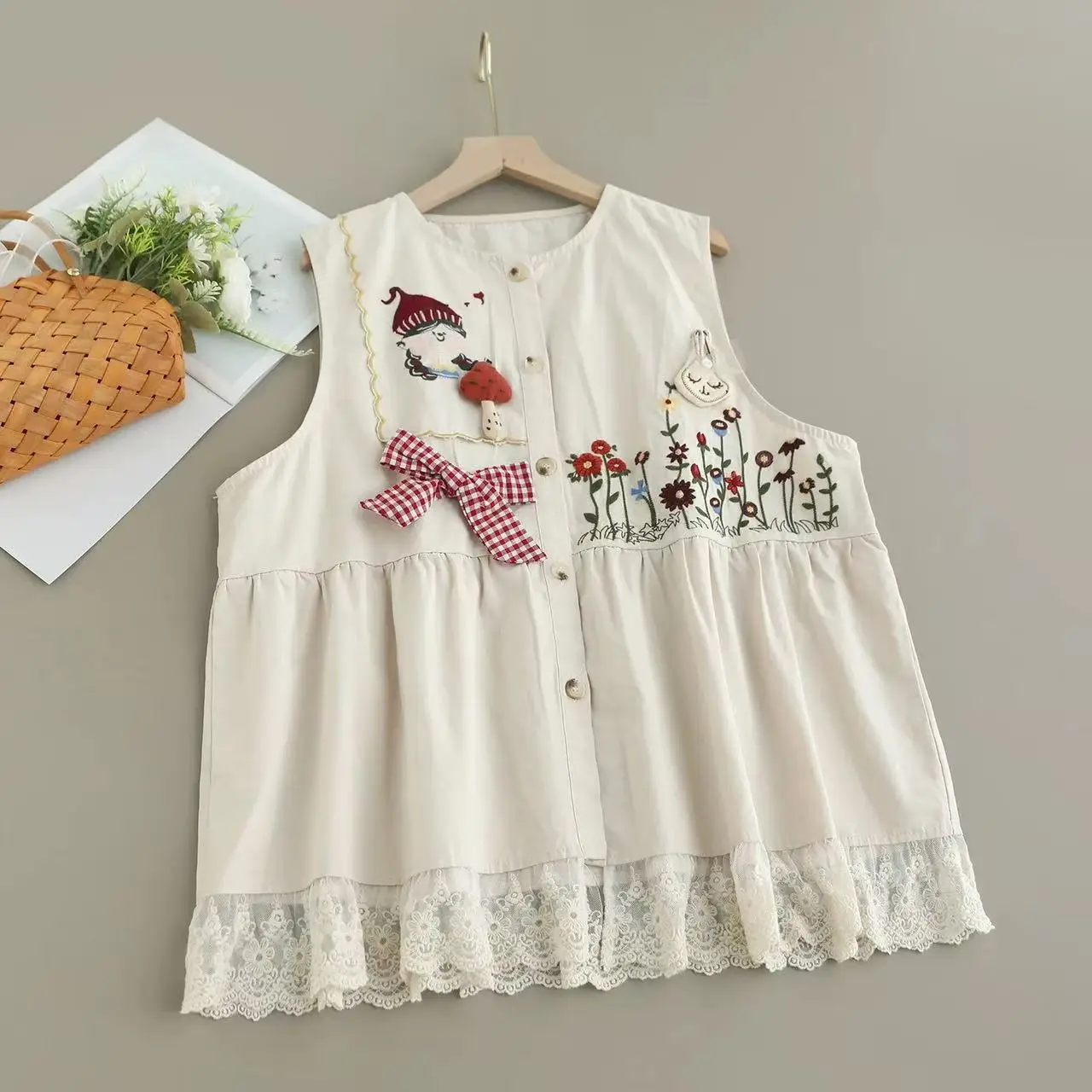 

2026 Mori Kei Japanese Sweet Lace Patchwork Cartoon Embroidery Vests for Women Tops Original Cotton Chic Sleeveless Jacket