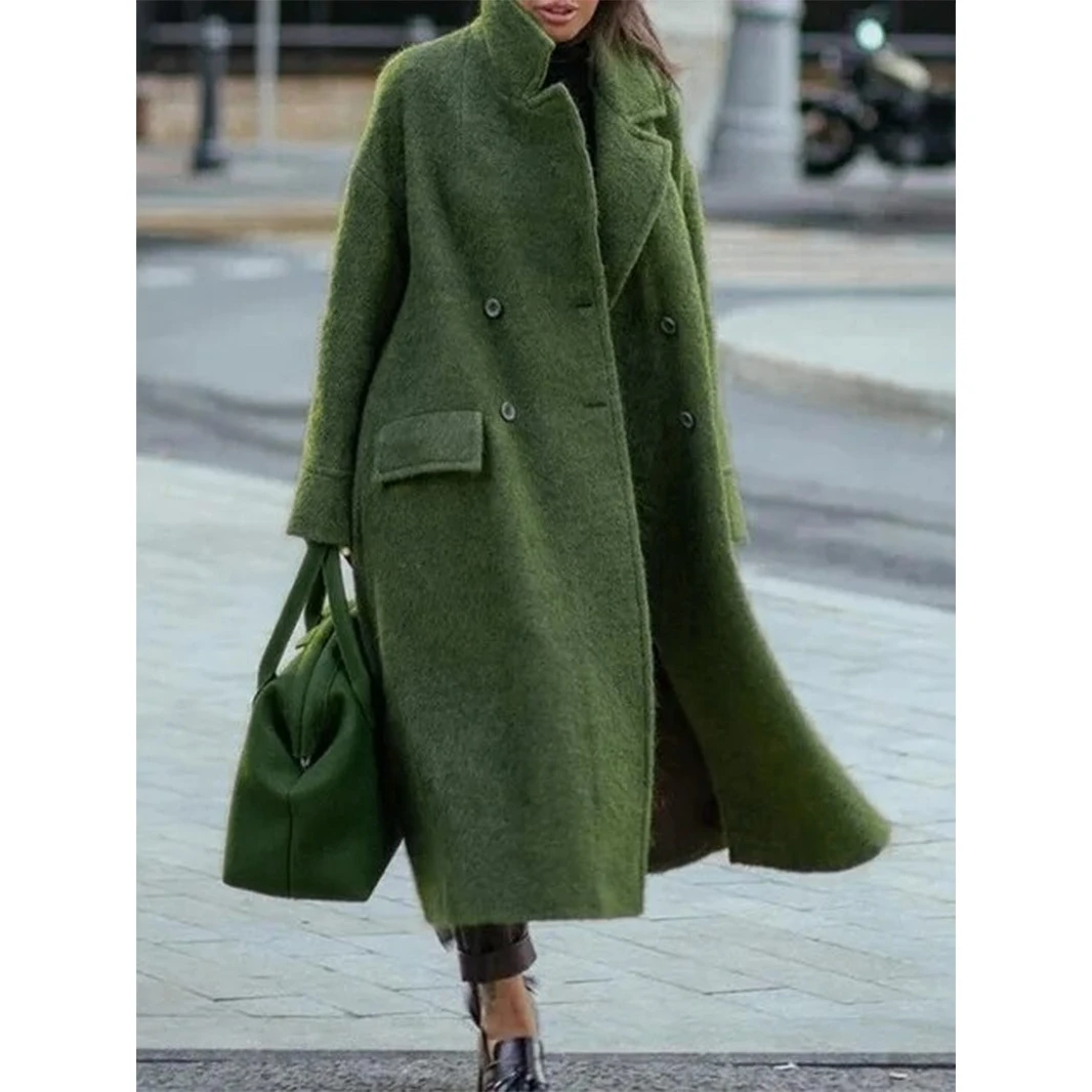 

Warm Pure Color Long Casual Woolen Coat for Women Spring Autumn Winter Cross-Border Faionable Commute Sle Princ Sve