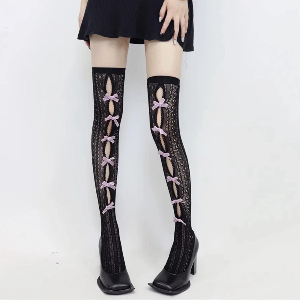 Women Sexy Fishnet Stockings Bow Lace Gothic Hollow Out Body Stockings Thigh High Over Knee Anime Lolita Tights Accessoreis