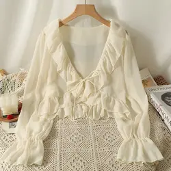 Women Sweet Solid Flare Sleeves Chiffon Sunscreen Shirt Summer Ruffle Edge Lace up Cardigan Beach Loose Casual Thin Shawl Coat