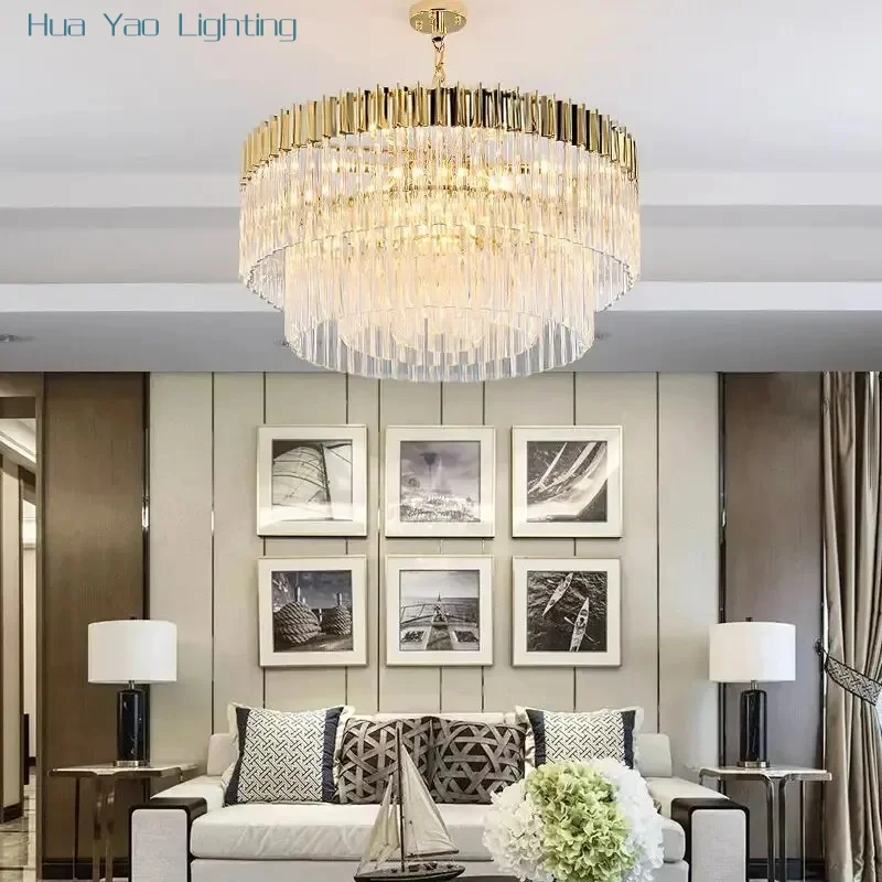 Modern Hotel Hall Luxury K9 Crystal Pendant Led Lights Round Plate Shiny Gold Steel Lustre Pendant Lamps Living Room Decoration