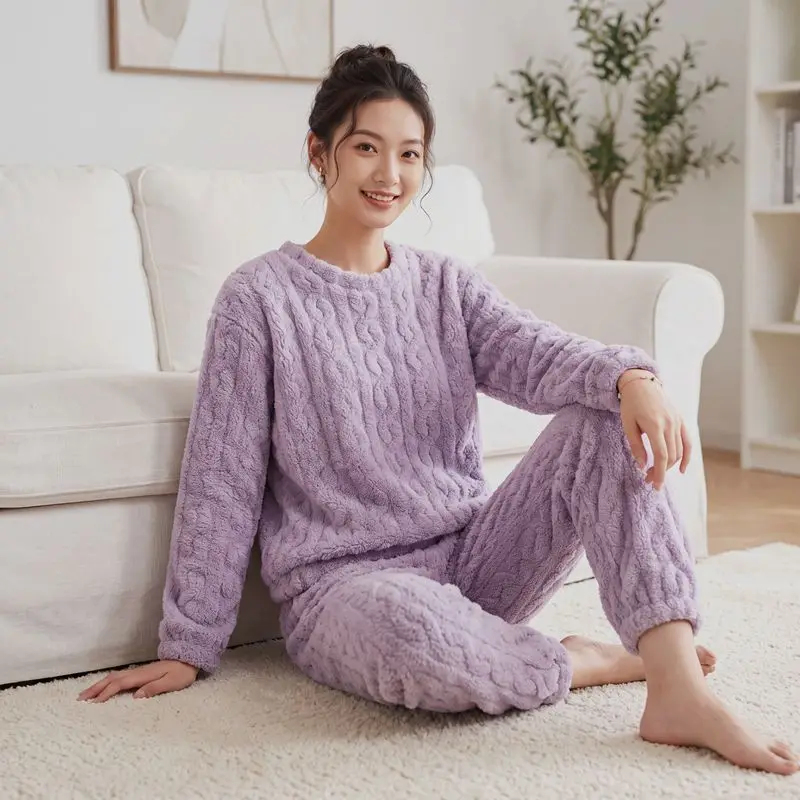 Women's Coral Fleece Loungewear Pajamas for Home, New Autumn and Winter Thickened Fleece Two-Piece Set, Women's Winter Clothing