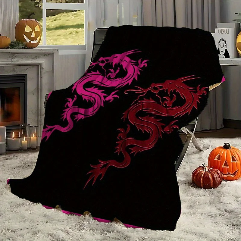 Pink Red Dragon Silhouette Solid Black Base Print Blanket, Light Flannel Throw For Couch Room, Cool Chinese Style Daily Blanket