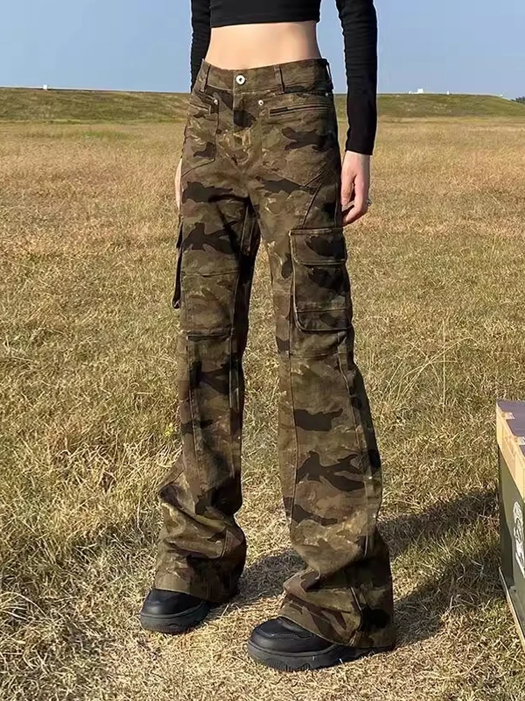 Retro American Camouflage Jeans Men's Women's Slim Fit Flared Pants High Street Sle Autumn Workwear Straight Leg Jeans