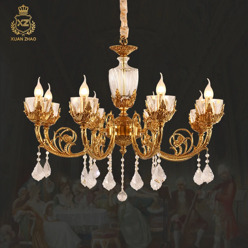 

2024 New Classic French Luxury Brass Leaves Arms Decoration K9 Crystal Beads led Chandeliers Crystal Lighting