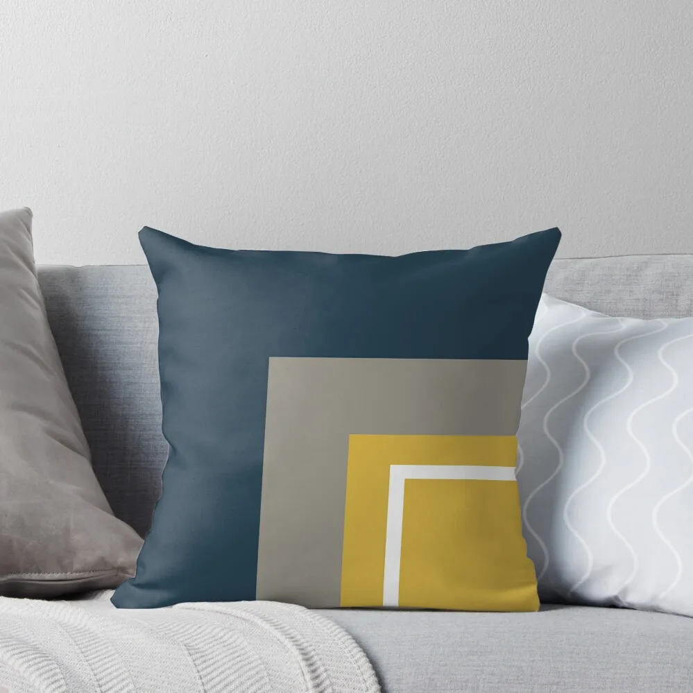 Half Frame Minimalist Geometric Pattern 3 in Mustard Yellow, Navy Blue, White, and Grey Throw Pillow