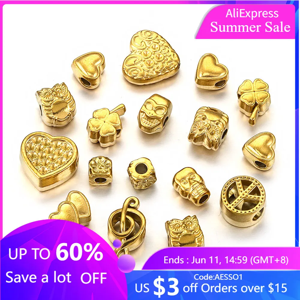 5pcs Stainless Steel Gold-plated Heart-shaped Large Hole Beads DIY Necklace Bracelet Jewelry Making Supplies Materials Wholesale
