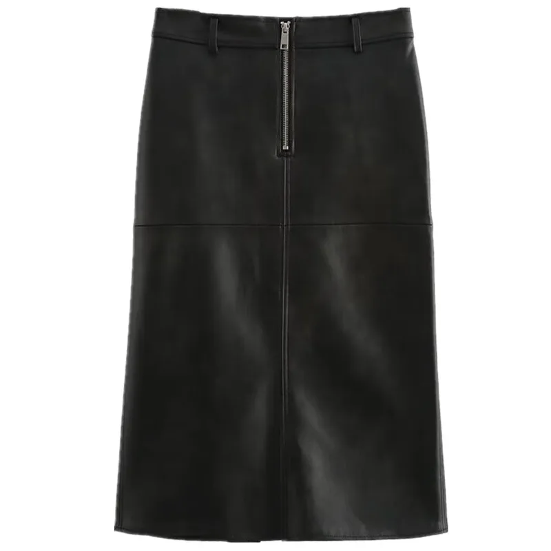 Falda de piel sintética con cremallera versátil de cintura media para mujer Otoño Invierno nuevo diseño Sle Faion falda que combina con todo hasta f