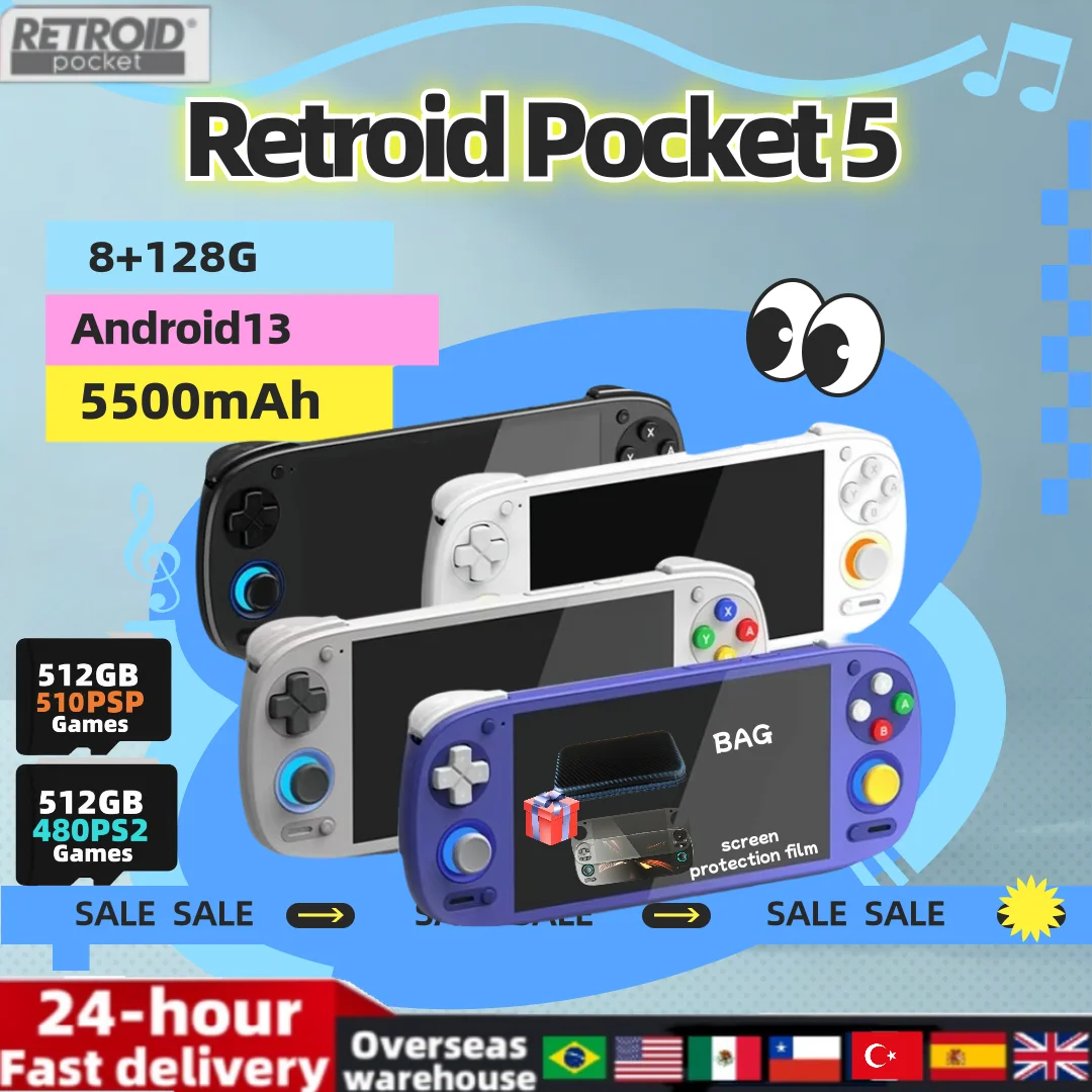 Retroid Pocket 5 RP5 Retro Handheld Game Console Video Gaming Players SD865 8+128G 5.5 Inch OLED HD Screen Android 13 PSP PS2