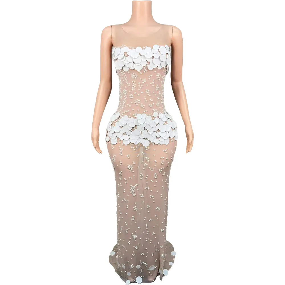 

White Round Sequin Mesh Mermaid Maxi Dress Sleeveless See Through Bodycon Singer Stage Performance Evening Photo Shoot Gowns