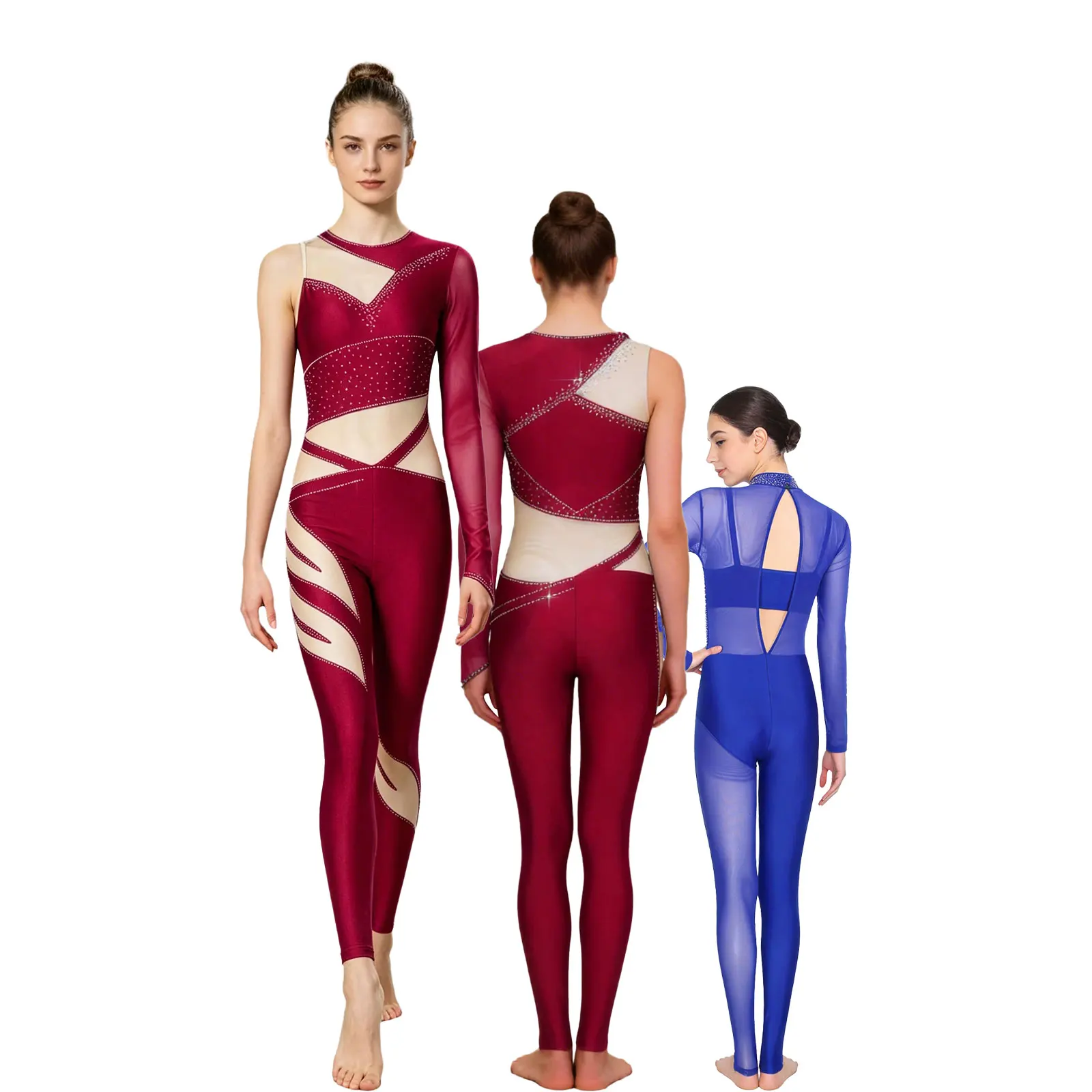 

Women Single Sleeve Rhinestone Full Body Unitard Jumpsuit Dancewear Gymnastics Leotards Skating Leggings Competition Performance
