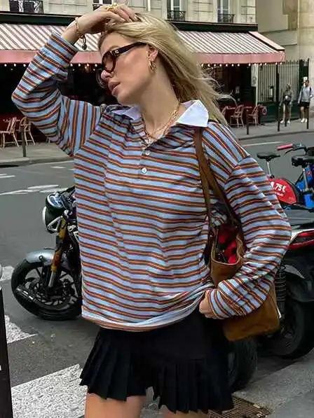 

Свободная полосатая футболка Color Blo Long Sve Retro Sle, женский повседневный топ, удобная дышащая осенняя одежда из Китая