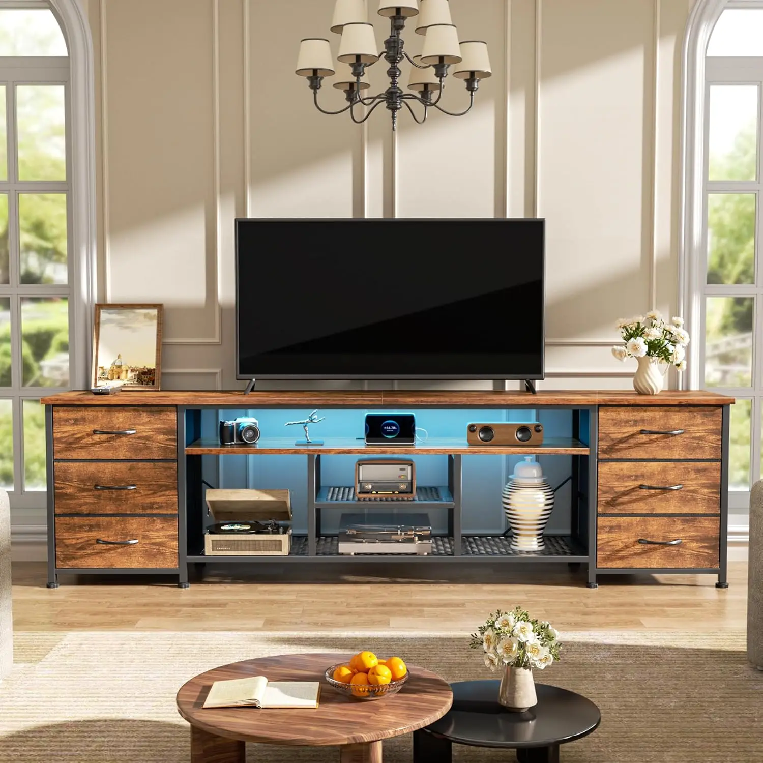 71 Inch TV Stand for 65 70 80 Inch TV Console with Power Outlets & 6 Fabric Drawers for Living Room Bedroom, Customized
