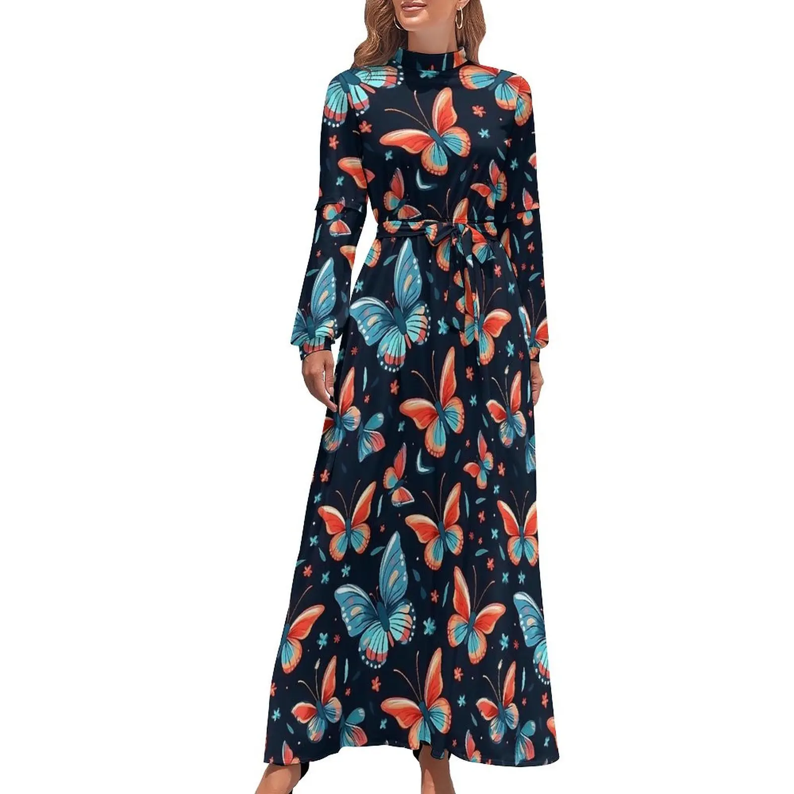 

Aesthetic Butterflies Dress Animal Sexy Graphic Maxi Dress High Waist Long Sleeve Street Fashion Bohemia Long Dresses