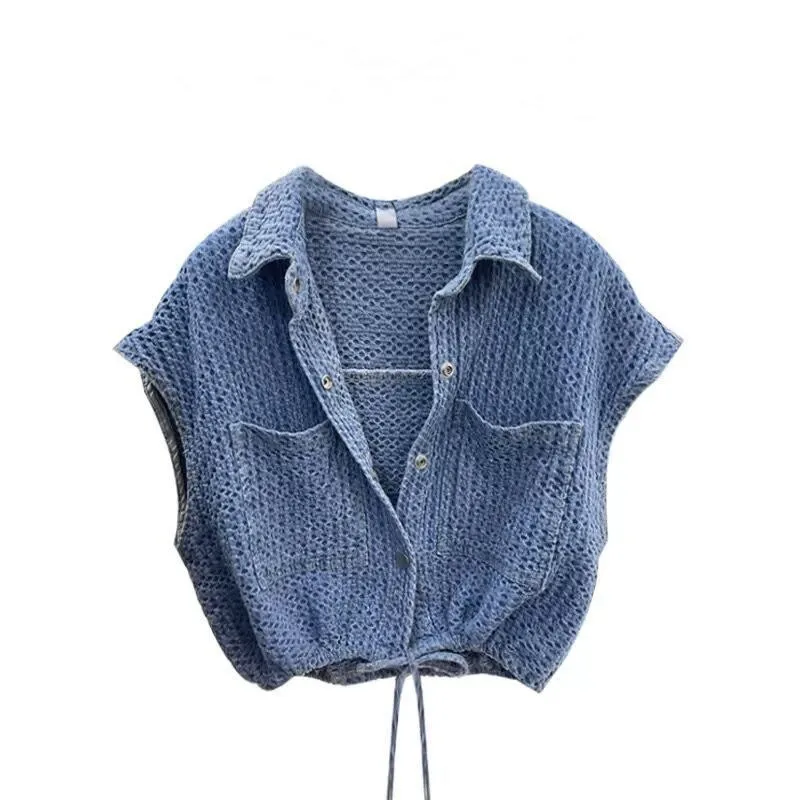 

2024 Drawstring Turn Down Collar Tank Top Short Sleeve Sexy Casual Chic Fashion All Match Solid Crop Tops Blue Denim Vest Jacket