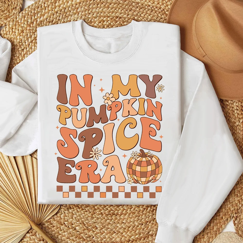 In My Pumpkin Spice Era Printed Sweatshirt Fall Shirt Thankful Grateful Hoodie Women Fashion Autumn Holiday Pullover Top Clothes