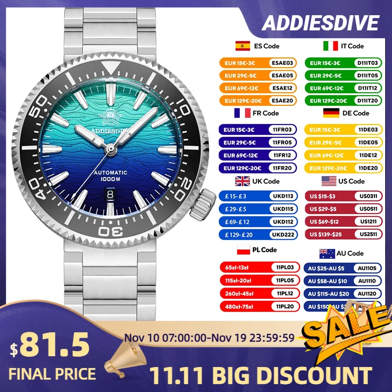 

ADDIESDIVE Mens Automatic Diving Watch 1000M Waterproof Japan 8215 Movement Sapphire Glass Ceramic Bezel BGW9 Luminous Blue