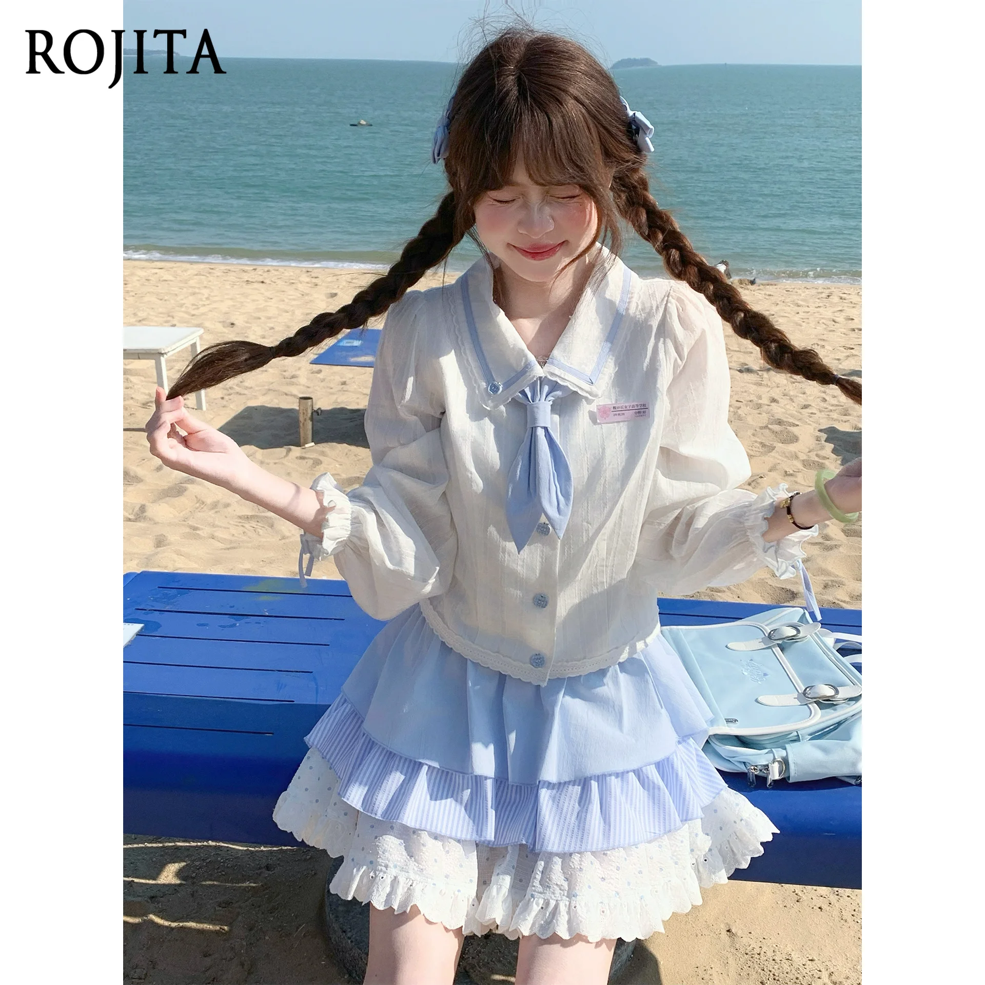 

Spring New College Style Japanese Girl Feeling Cute Shirt Set Sweet Blue White Preppy Two Piece Set Ruffle Shirt Tiered Skirt