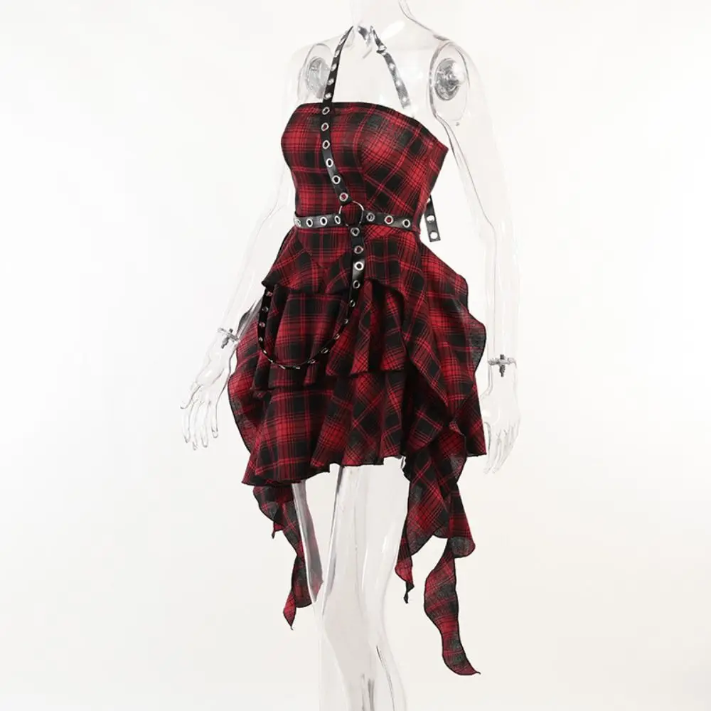 Kariertes harajuku y2k sexy kleid ästhetische streetwear y2k kariertes korsett kleid design unregelmäßiges gotisches punk plaid kleid dame