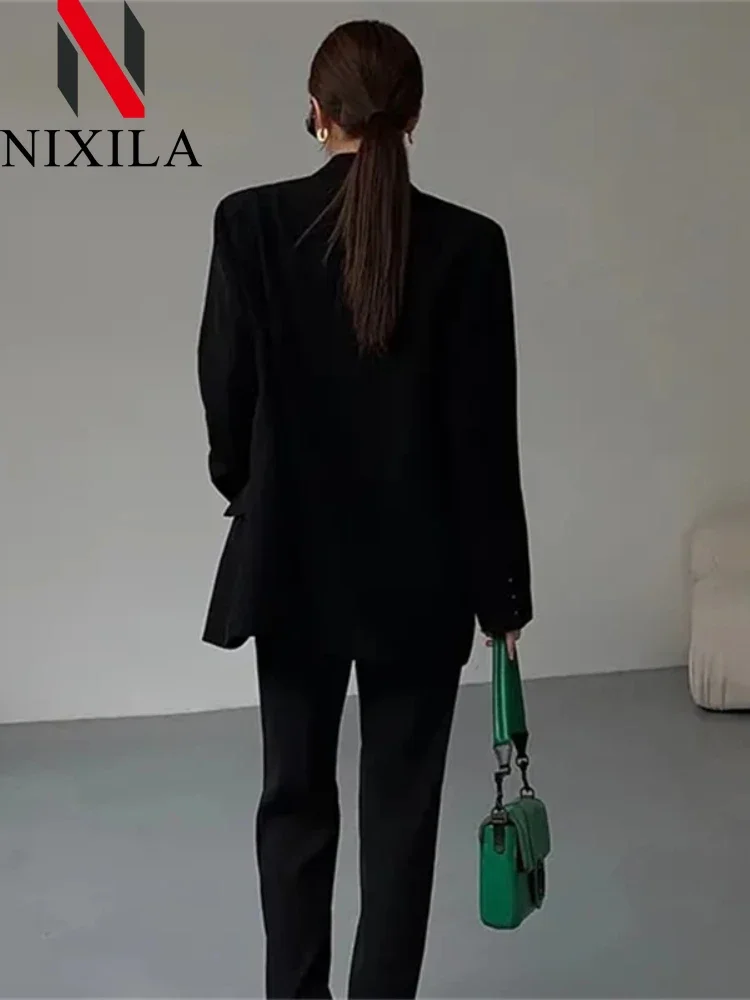 Damen Loose-Fit Schwarze Anzugjacke Vintage Casual Streetwear Blazer Oberbekleidung Mode Herbst Wintermantel