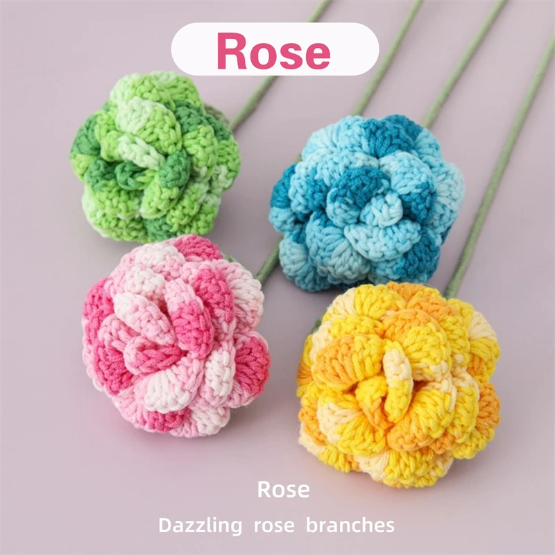 New Gift Handmade Knitted Woolen Colorful Rose Branch Home Decoration Holiday Gift Quantity 10 Branches