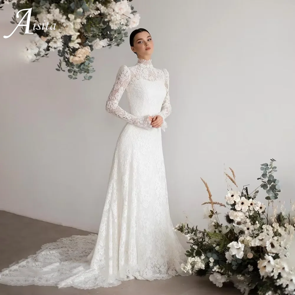 

Customized HIgh Neck Wedding Dresses Long Sleeves New Summer Mermaid Bridal Gowns with Lace Lace Appliques Vestidos De Novia