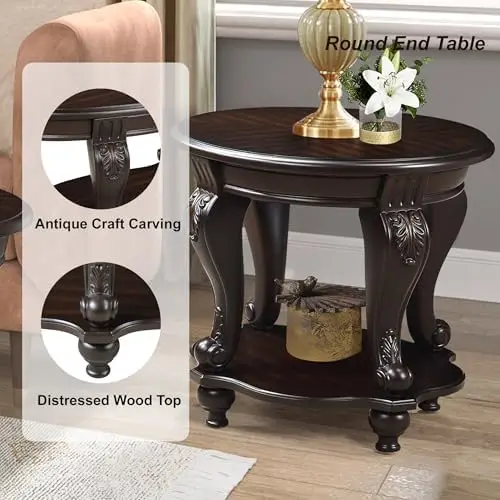 Espresso Solid Wood Round Side Table with Shelf, 22' W x 19.5' D x 20.5' H