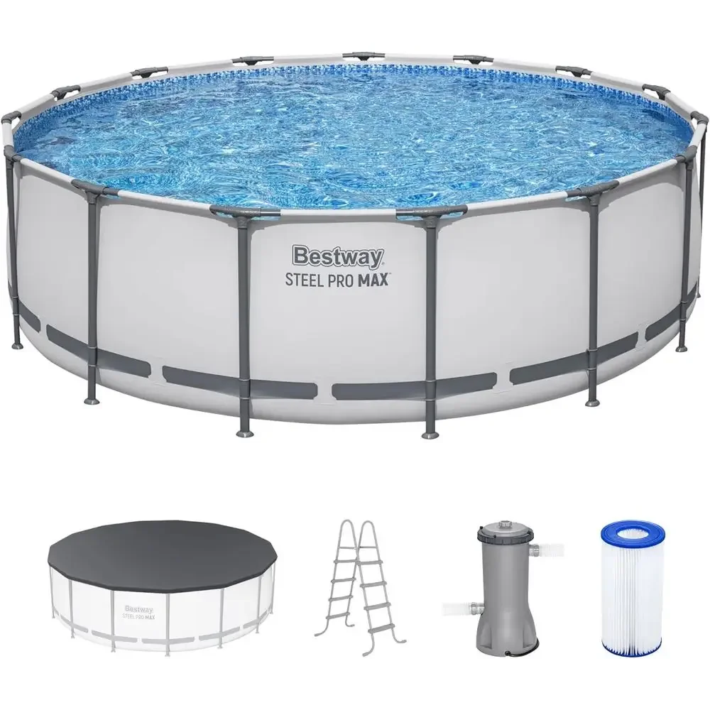 15' x 48 Round Above Ground Metal Pool Set with Filter Pump, Ladder, and Cover, Gray
