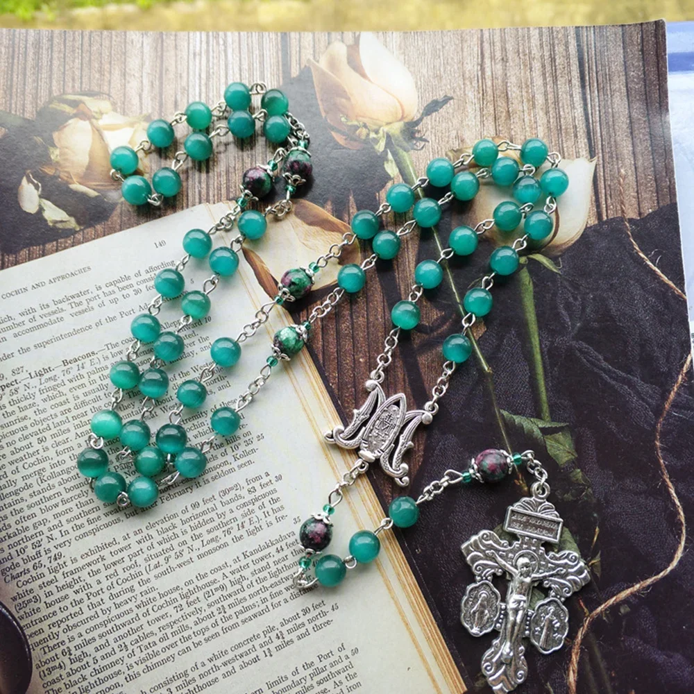 Our Lady Medalla Milagrosa St Benedict Crucifix Cross Rosary Necklace Church Pray Natural Opal Stone Bead Chain Jewelry