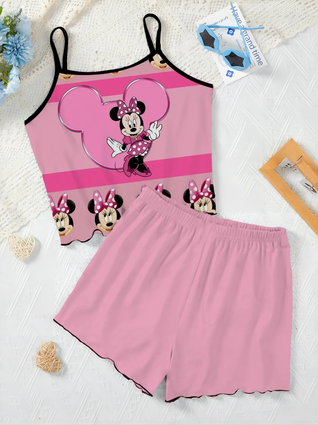 Disney Minnie Mouse Women's Suit Slip Dress Pajama Skirt Mickey Top Lettuce Trim T-shirt Short Sets Pieces Elegant Disney Mickey