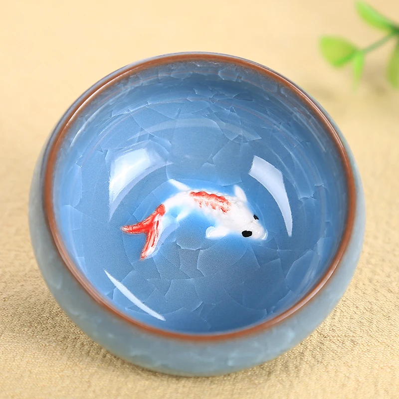 Set di tazze in ceramica da 8 pezzi, tazze da tè smaltate svasate cinesi Celadon Teacup Set di tazze in porcellana artigianale con motivo a pesci tradizionali