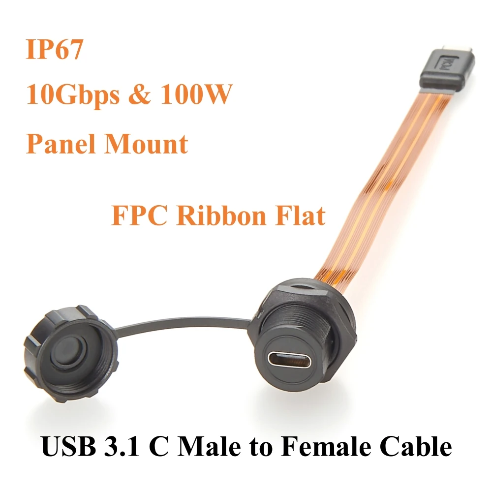 

IP67 USB 3.1 Type-C Male to Female Extension Cable 10Gbps Flush Panel Mount USB C FPC Ribbon Flat Cable 100W for Data Transfer