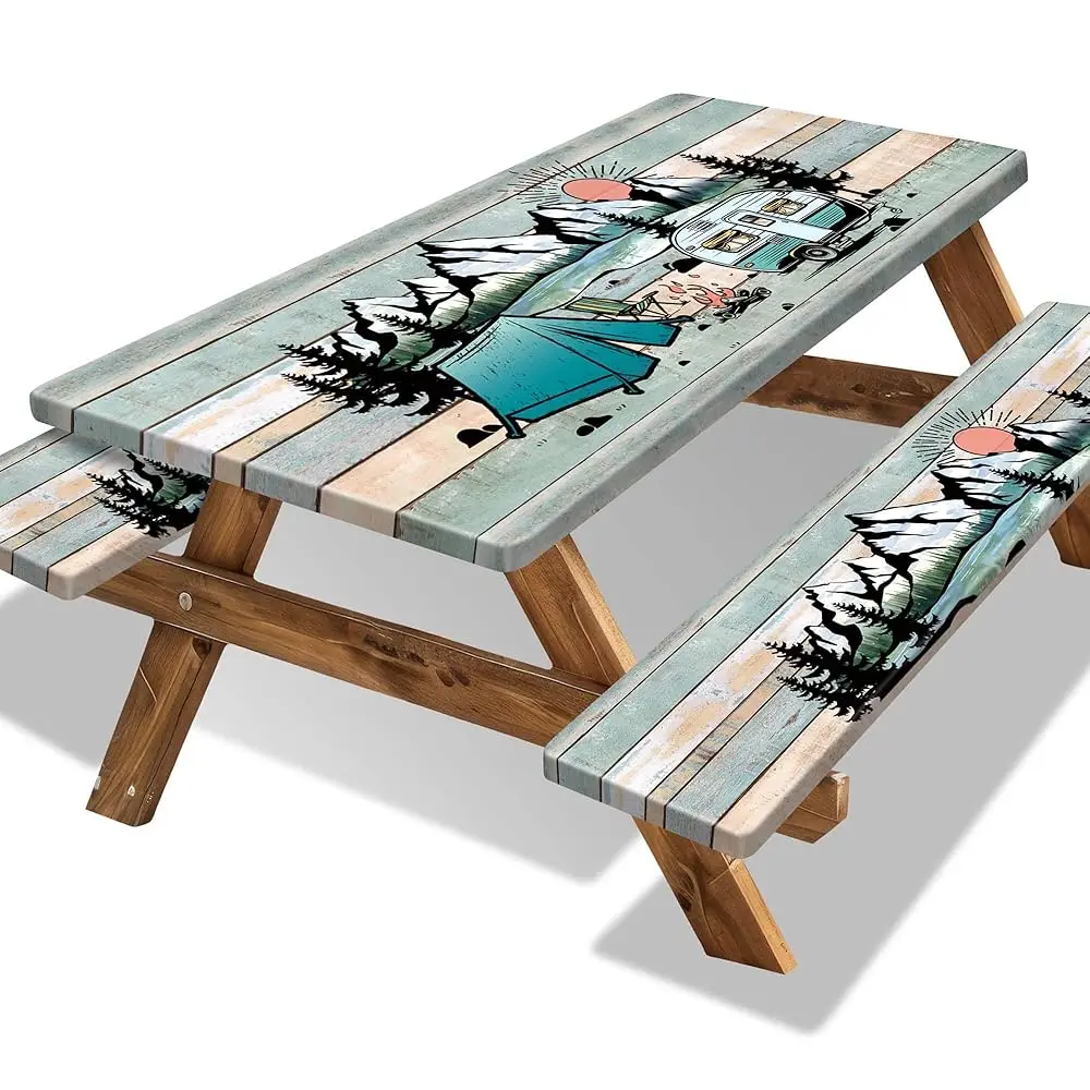 

Чехол для пикникового стола с чехлами для скамеек, 6 футов, для кемпинга на открытом воздухе, водонепроницаемый, с текстурой дерева, облегающий