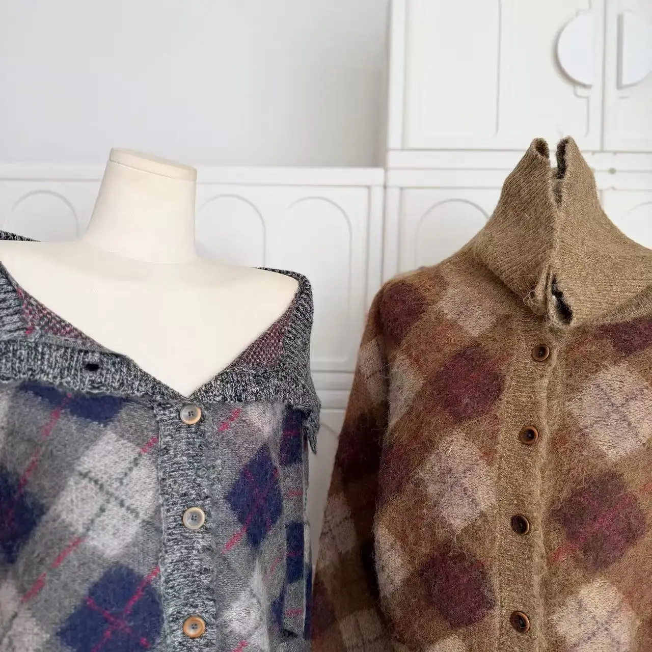 Sweter rozpinany w kratę w stylu vintage, luźny, z dzianiny, patchworkowy, wełniany kardigan na jesień i zimę, odzież modowa C225