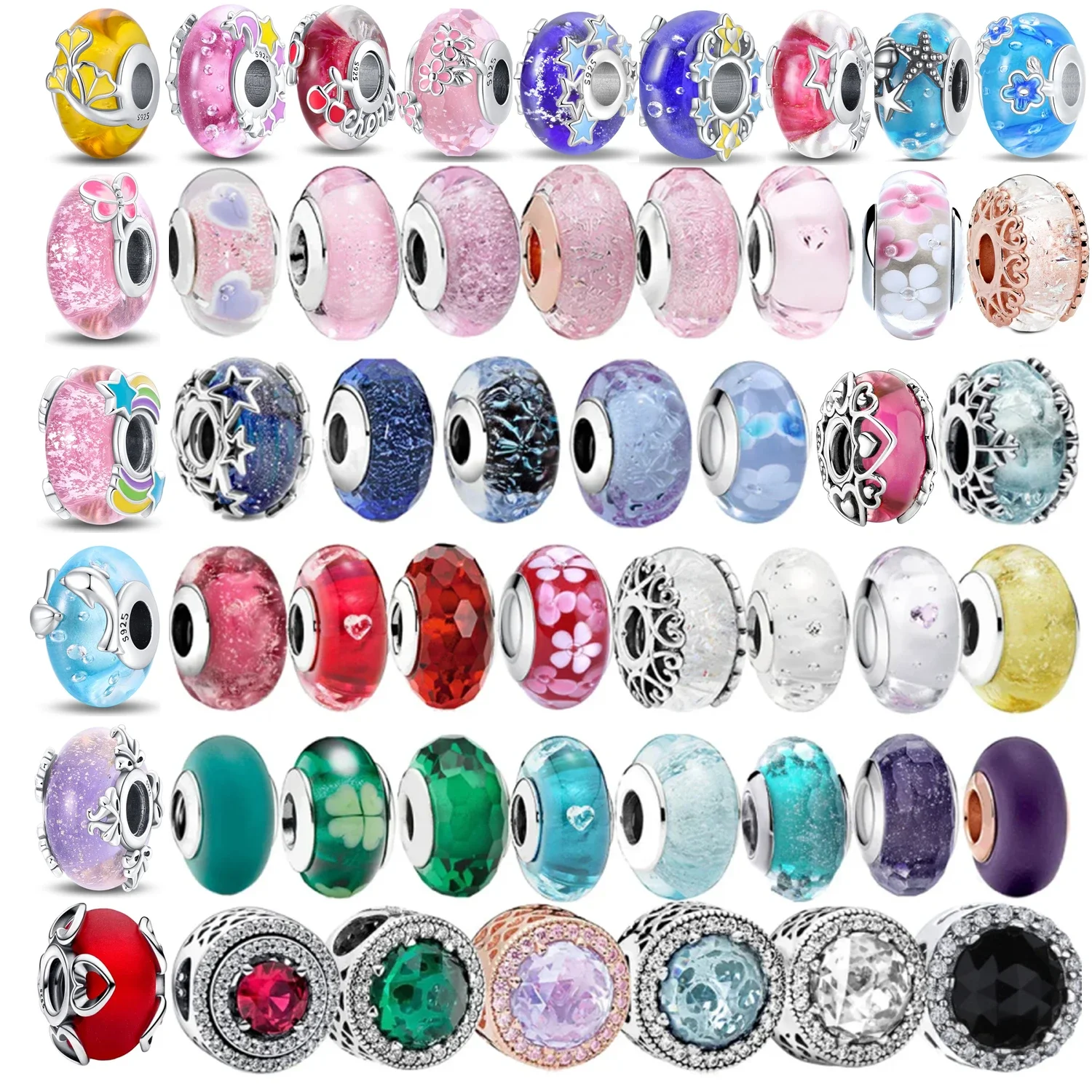 

925 Sterling Silver Murano Glass Galaxy Stars Clover Heart Bubbles Shiny Beads Fit Pan Charms Bracelet DIY Jewelry For Mum