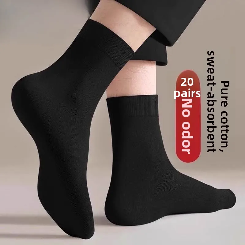 

Pure Cotton Men's Long Tube Sos Breathable Busin Bla Mid-Calf Spring Summer Absorbent Sweat Comfortable Men's Sos