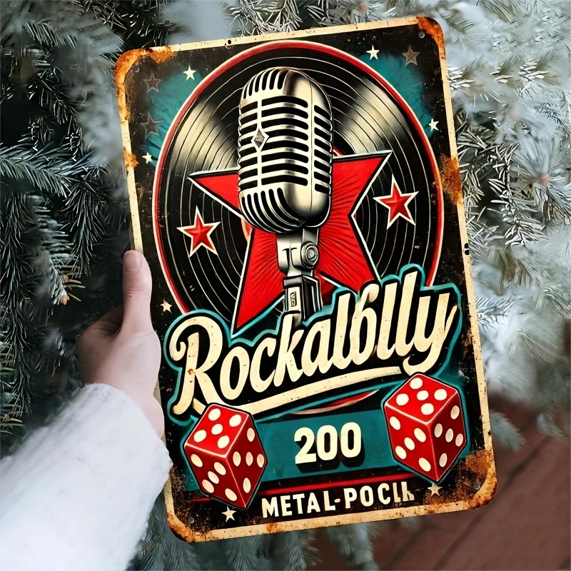 Vintage Rockabilly Iron Tin Sign - Rustic Metal Wall Decor with Microphone & Dice Design, Perfect for Home, Bar, Cafe, Garage,