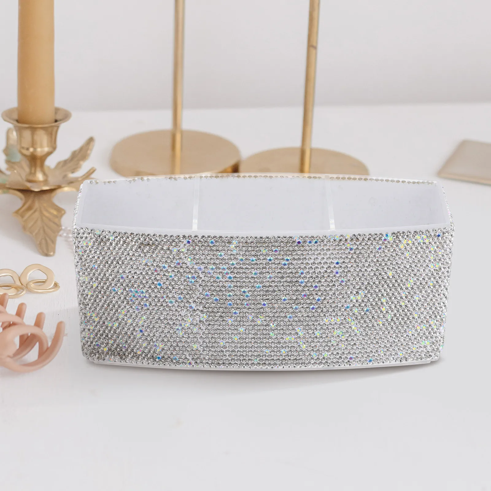 Chic Multi Compartment Bling Makeup Storage Organizer Rectangular Luxury Vanity Desk Box for Brushes Pens Small Items