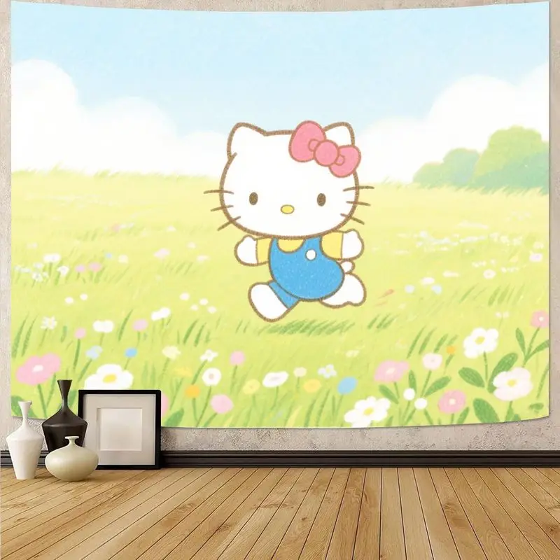 

1 шт. Sanrio Hello Kitty синий комбинезон Kawaii цветочный луговой гобелен эстетическое настенное искусство для девочек спальня декор в общежитии подарок