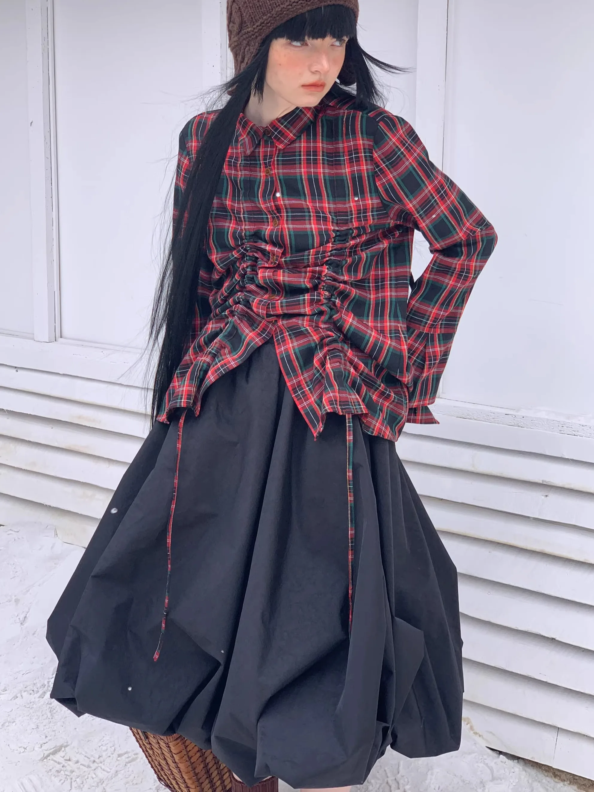 

WOKERKER Cisas Plaid Long Sve irt Gathered Versatile Japanese Aosphere Sle Women's Loose Fit Cotton Blend irt