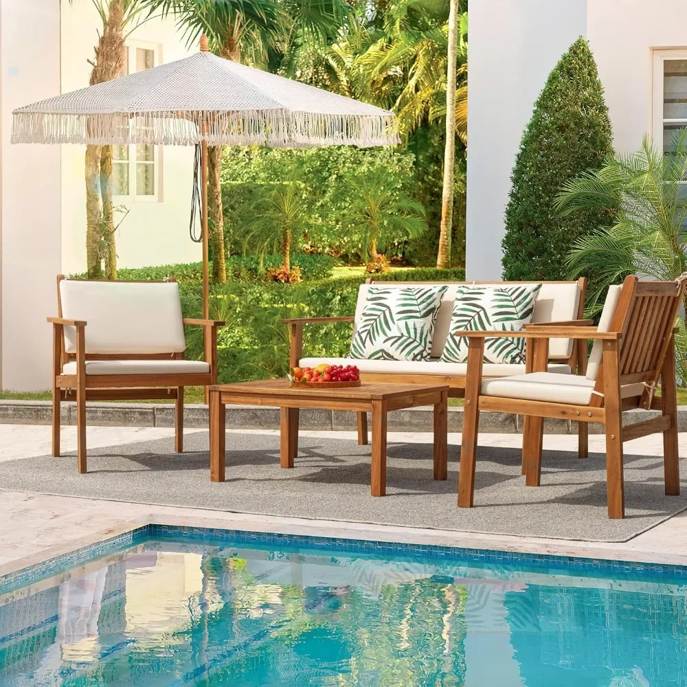 XMSJ Outdoor Acacia Madeira Mobiliário Pátio, Conversa Sofá Set com Mesa e Almofadas, Móveis Varanda, Sofás de Jardim, 4 Pcs