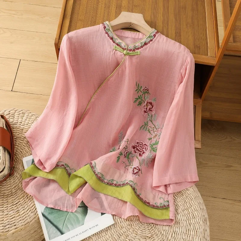 Embroidery Chinese Style Women Blouses Loose Short Sleeves Vintage Top O-neck Clothing SALES Summer Cotton Korean Women's Shirts