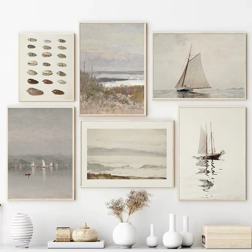 Póster antiguo de paisaje marino, velero, naturaleza costera náutica, pintura en lienzo, galería, imágenes artísticas de pared para decoración del hogar y la sala de estar