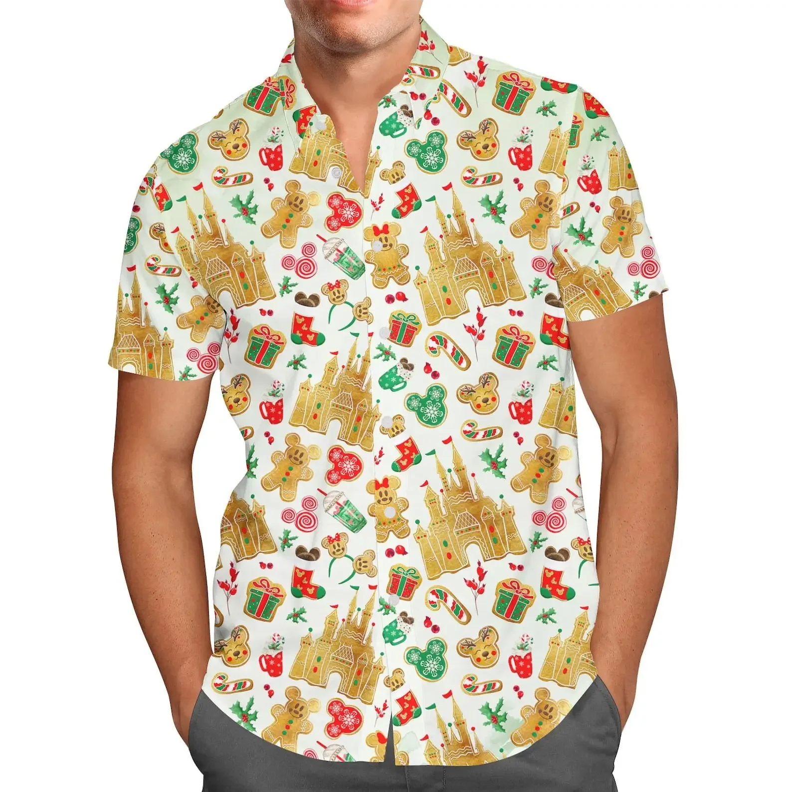 Castelo da Disney masculina camisa havaiana, camisa de manga curta de botão, moda praia