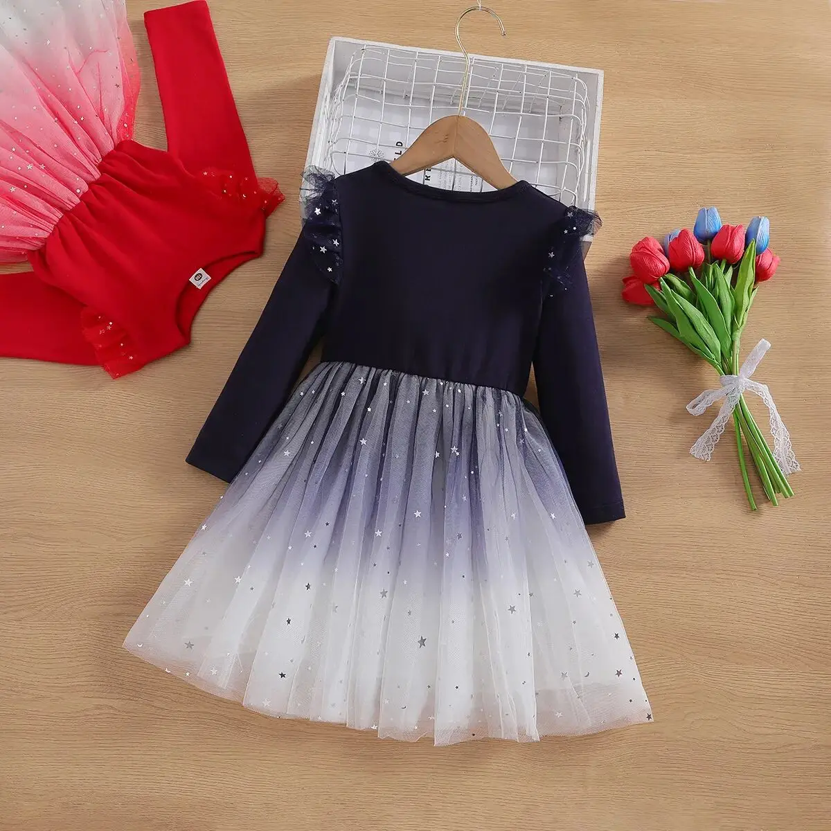 Children's Western Princess Dress Spring and Autumn New Girl's Dress Long Sleeve Starry Sky Gradient Mesh Puff Skirt