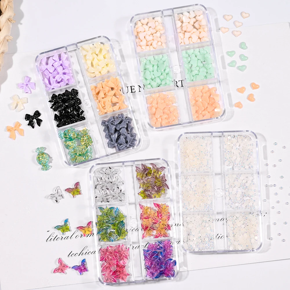 

6 Grids Love Heart Ribbon Resin Bow Nail Charm Acrylic Butterfly 3D Rhinestone for DIY Korean Manicure Design Love Heart Charms