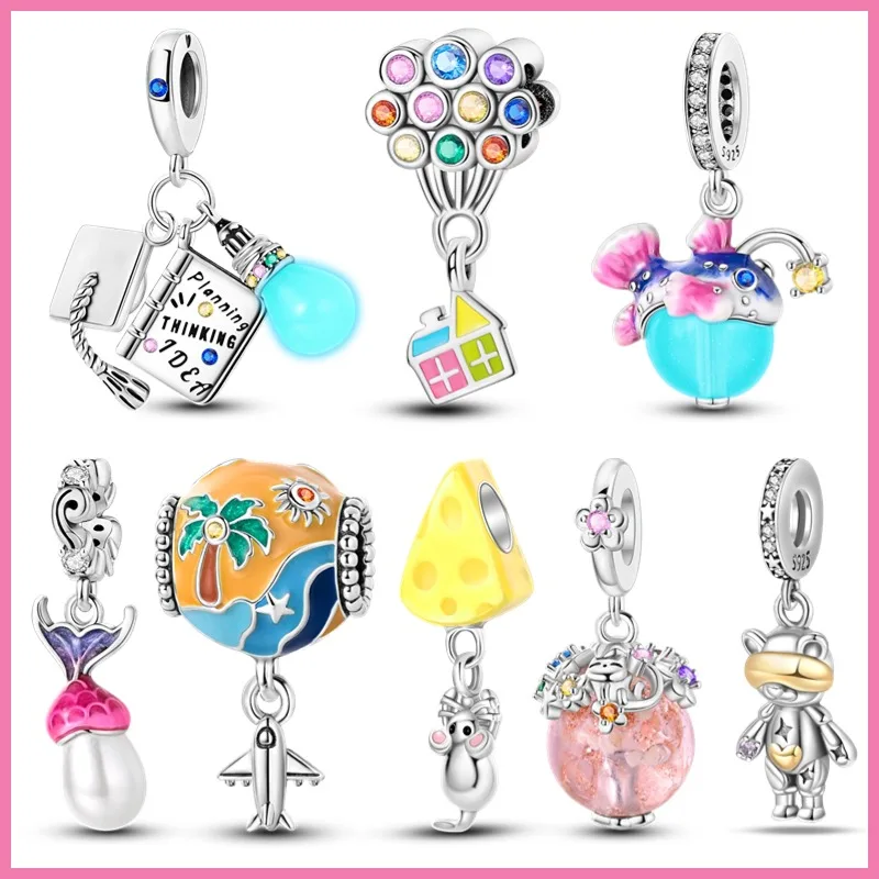 100% 925 Sterling Silver Luminous Bulb Graduation Cap Lucky Four Clover Charms Fit for Pandora Bracelet Diy Jewelry Making