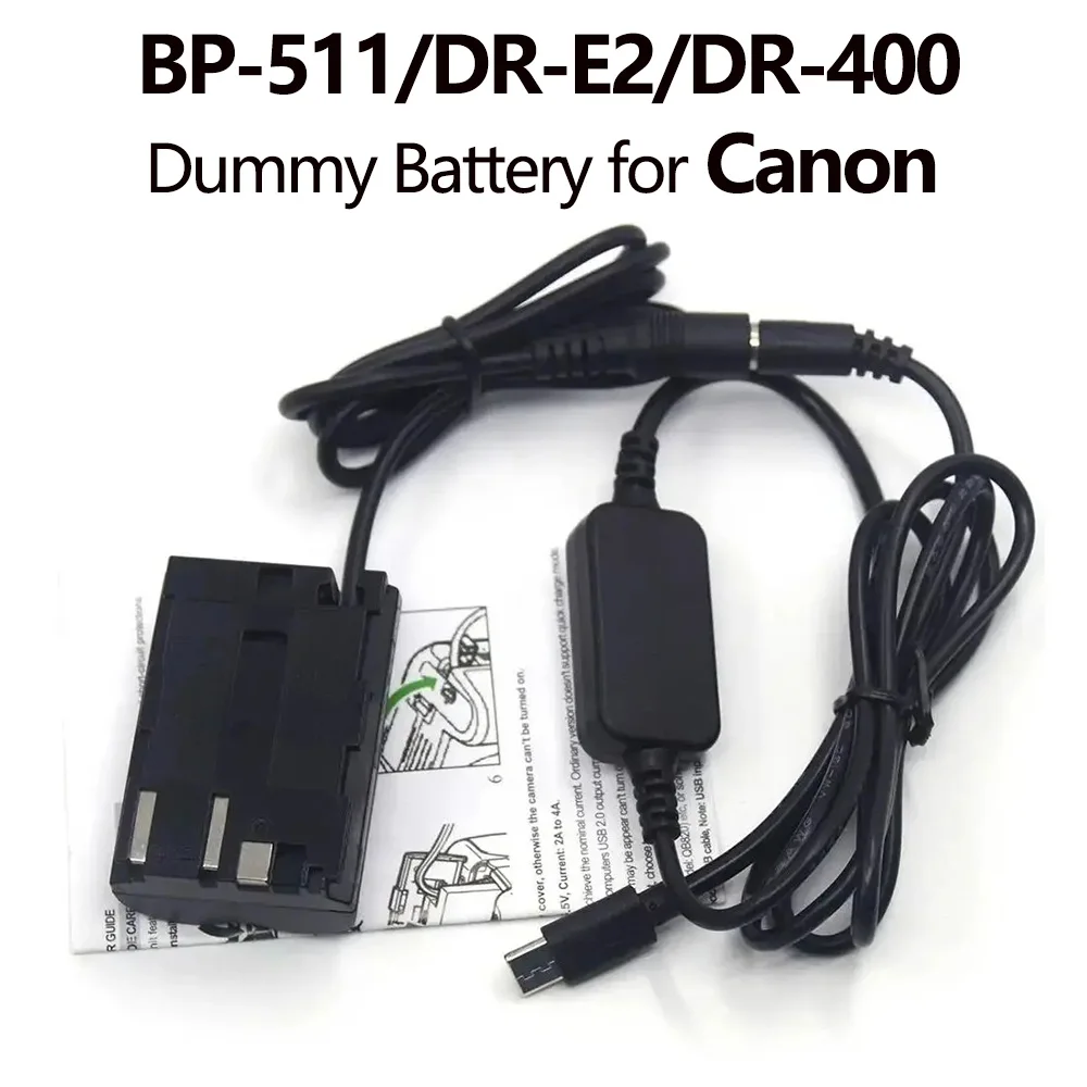 

USB Type C Power Cable DR-E2 DR-400 DC Coupler BG-E2/E2N BP-511 Dummy Battery for Canon EOS 20D 30D 40D 5D 50D D30 D60 Camera