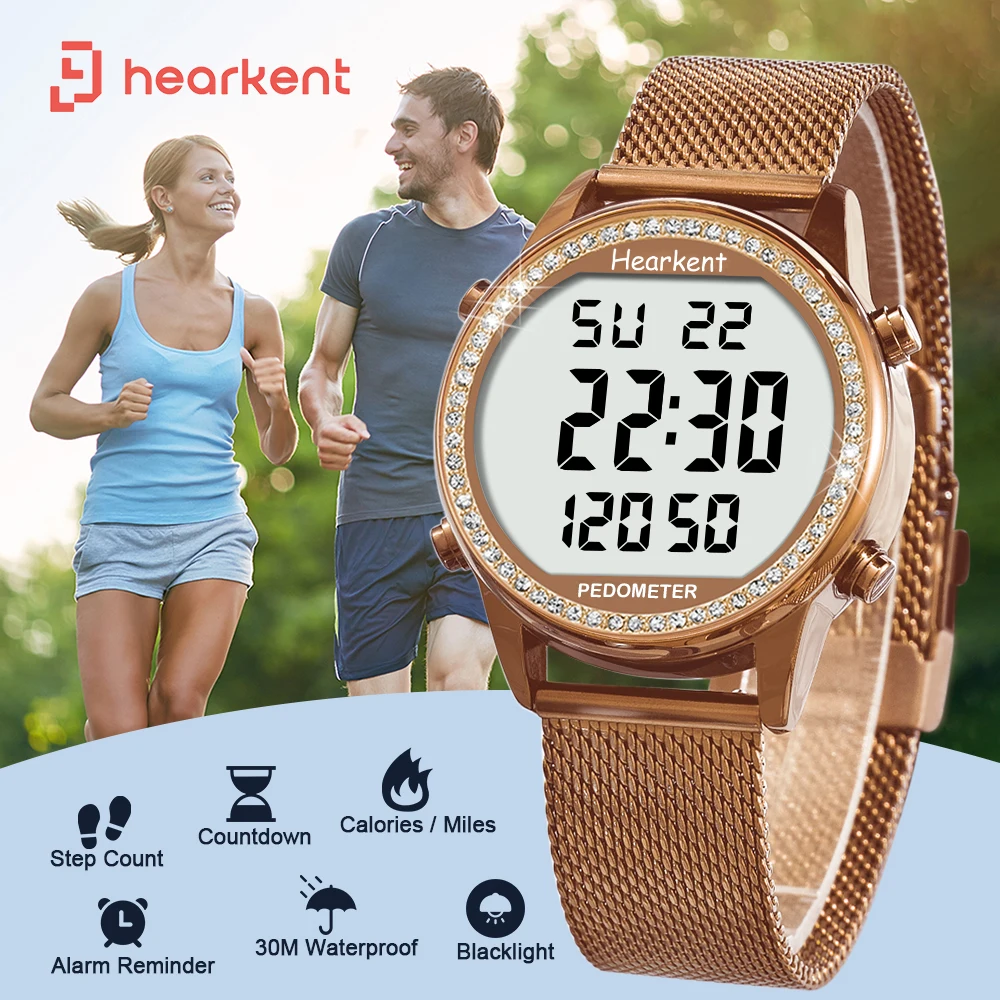 

Hearkent Pedometer Watches Sports Step Mile Counter Waterproof Luxury Steel Belt Women Digital Watch Walking Running Step Clock