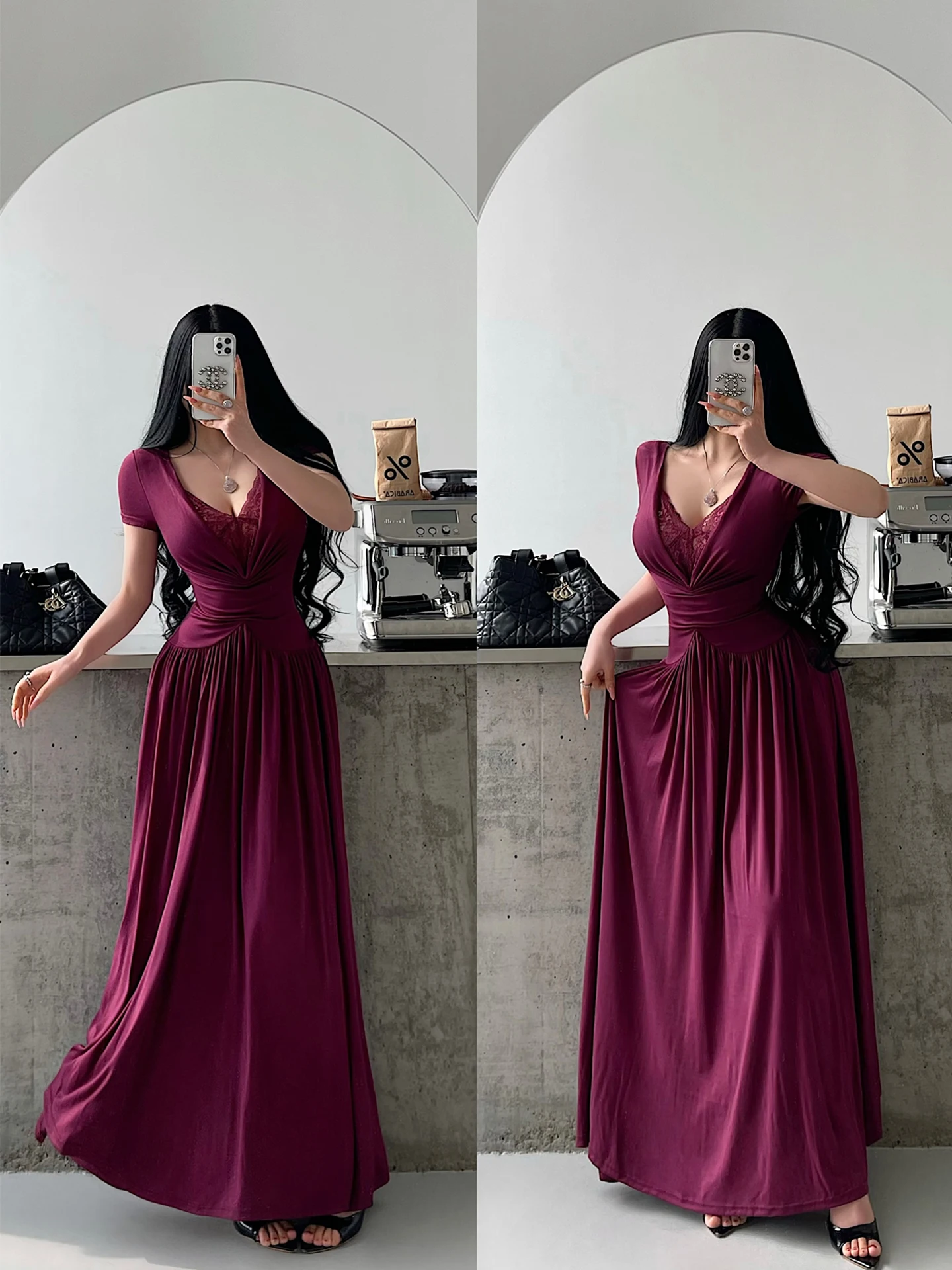 

Sexy Lace Splice Slimming Pleated Skirt Long Dress Young Girl Day Pure Desire Style Waist Cinched Floor Length Gown
